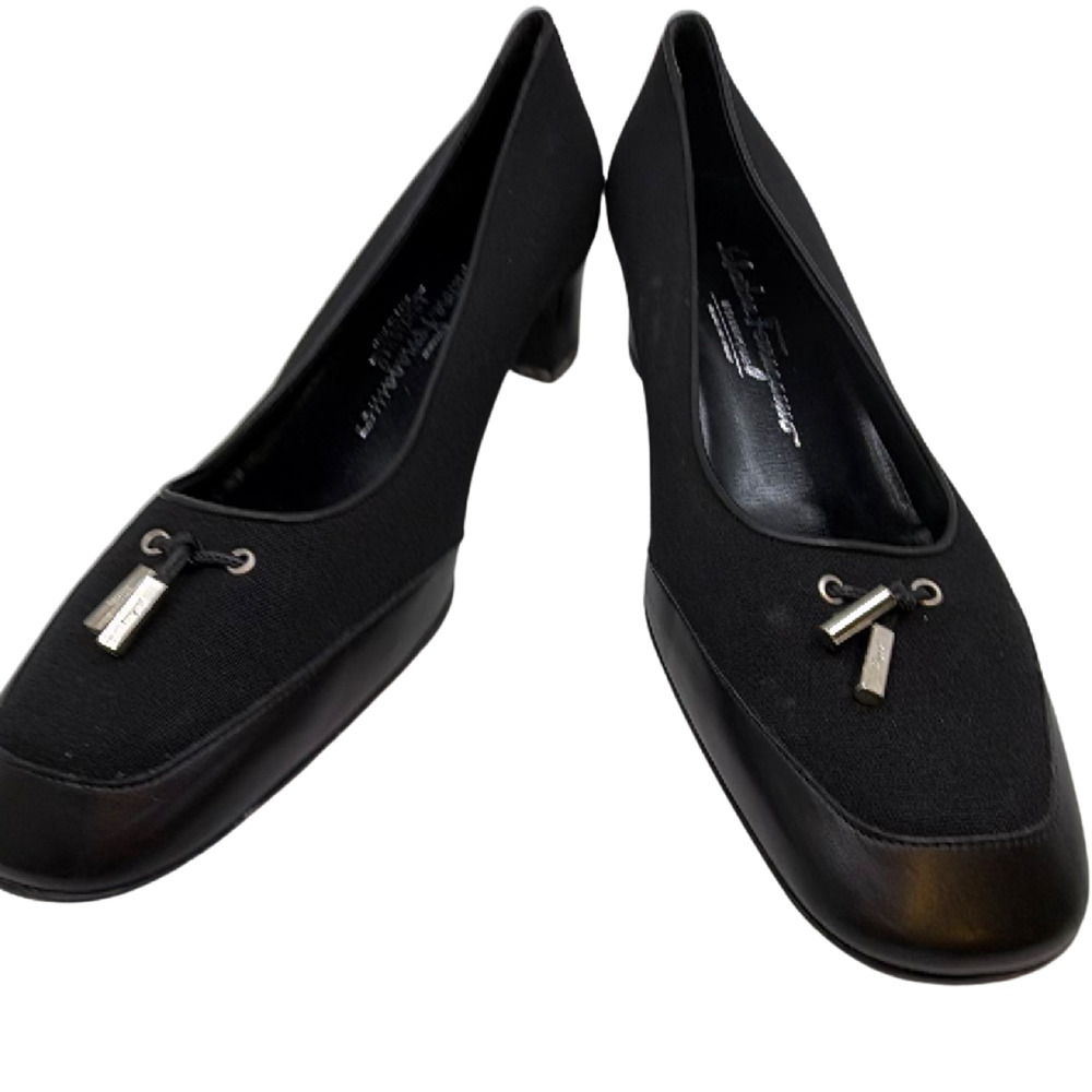 Salvatore Ferragamo Tassel Block Heel Black Textile Leather